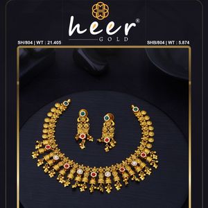 Collar y pendientes de oro, joyería tradicional nupcial india, diseño de templo antiguo, hechos a mano, accesorios étnicos festivos para boda - Product Image 2