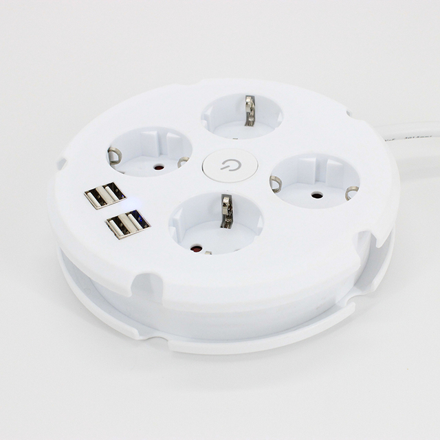 Tabletop Power Strip Socket Extension Cord with 4 Outlets 4 USB Ports 16A