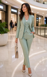 Traje Verde Salvia Claro para Mujer, Corte Entallado, Conjunto de Dos Piezas, Blazer y Pantalones a Medida, Elegante, Formal, para Oficina, Ropa de Negocios - Product Image 4