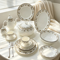 Service de table en porcelaine blanche à bordure florale dorée vintage, marque HY, origine Shanxi, vaisselle complète, qualité alimentaire, compatible micro-ondes