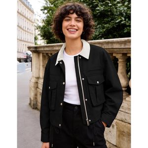 <b>Womens</b> Cropped <b>Jacket</b> Contrast Collar <b>Zip</b> <b>Up</b> Utility Coat With Pockets Autumn Woven Full Sleeve Turn Down Collar - Product Image 3