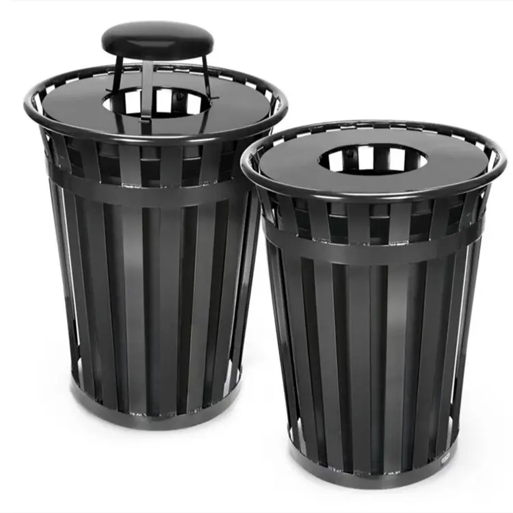 round slatted steel big public garbage can container outdoor street iron recycling dustbin park metal commercial waste trash bin