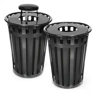 Round Slatted Steel Big Public Garbage Can Container Outdoor Street Iron Recycling Dustbin Park Metal Commercial Waste Trash Bin