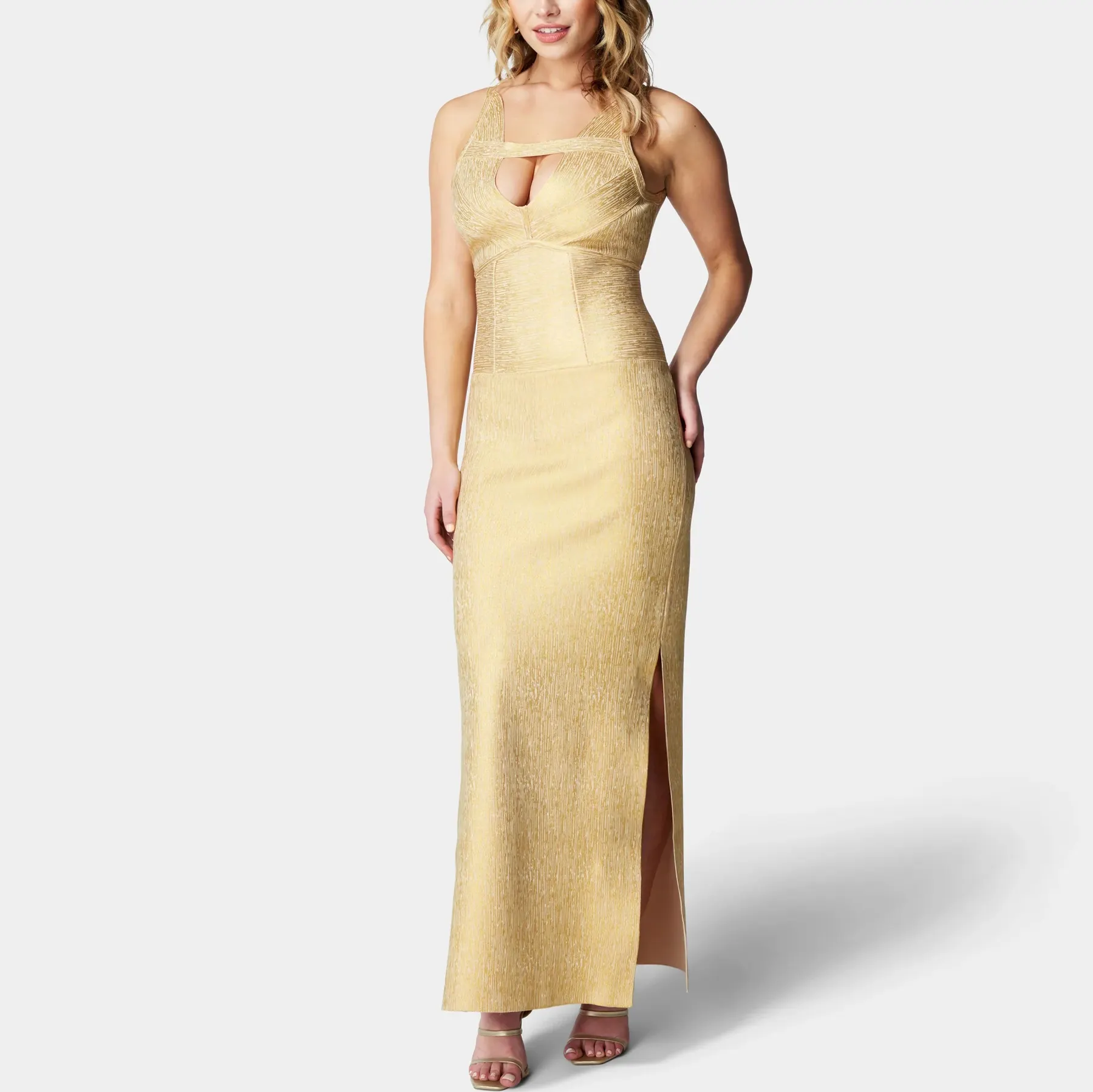 Gaun panjang bahu terbuka kerah V wanita, pakaian perempuan dewasa Amerika warna kustom Porm emas terpisah musim panas
