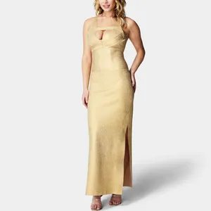 Verano fuera del hombro con cuello en V Split Gold Porm Vestido largo de vendaje para mujer Color personalizado Ropa americana para niñas maduras