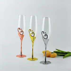 stainless steel luxury wedding vintage colored pink goblet Crystal flutes Champagne Wine Glass With Diamond Heart