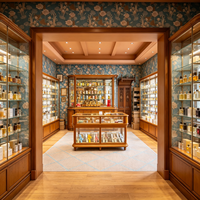 Vitrine à parfums vintage en bois massif sur mesure avec éclairage LED et design écologique pour usage professionnel en boutique de détail