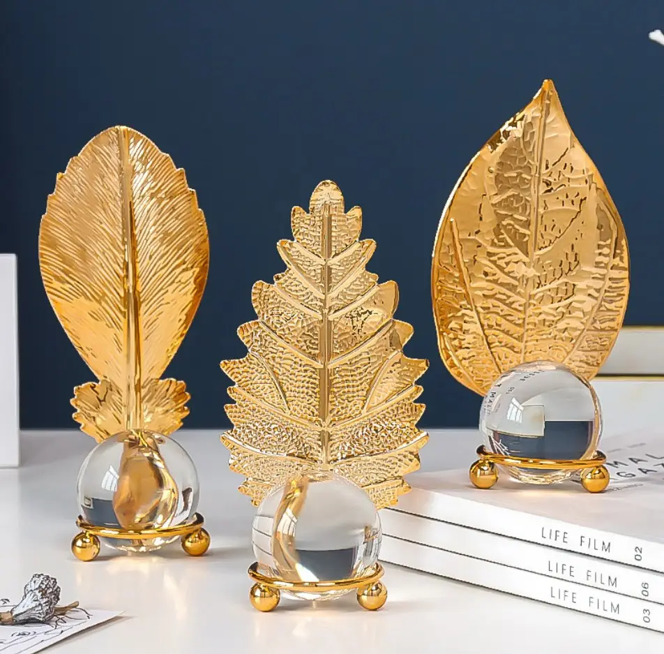 Nordic Light Luxury Golden Crystal Ball Leaf Iron Art Ornament ball glass lighted ornament