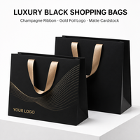 Sacs cadeaux noirs personnalisés avec logo en feuille d'or et poignée en ruban champagne, sacs en papier de luxe pour la vente au détail