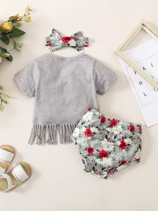 Floral Print Grey Tassel Baby Girls Clothing Sets Sweet Girls Clothing Sets For Summer Teen Girls Summer Clothing Set