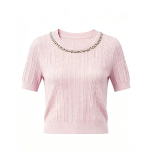 Haut court en tricot blanc à manches courtes, col rond, détail perlé, pour femme, été - Product Image 3