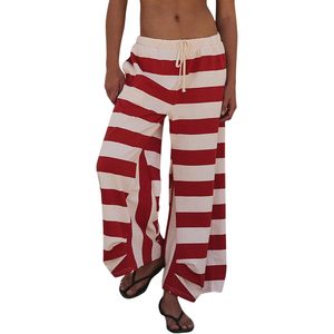 FOXA Striped Lounge Pants Women Summer Beach Wide Leg Drawstring Cotton Casual Vacation <b>Trousers</b> - Product Image 1