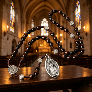 Rosario de Madera con Cuentas, Cruz de Plata, Crucifijo INRI, Joyería Religiosa Católica Cristiana, Unisex, Hecho a Mano, Estilo Antiguo - Product Image 1