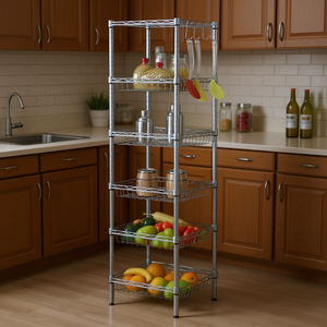 6 Layer Silver <b>Storage</b> Rack Carbon Steel <b>Kitchen</b> Organization Freestanding Minimalist Design - Product Image 2