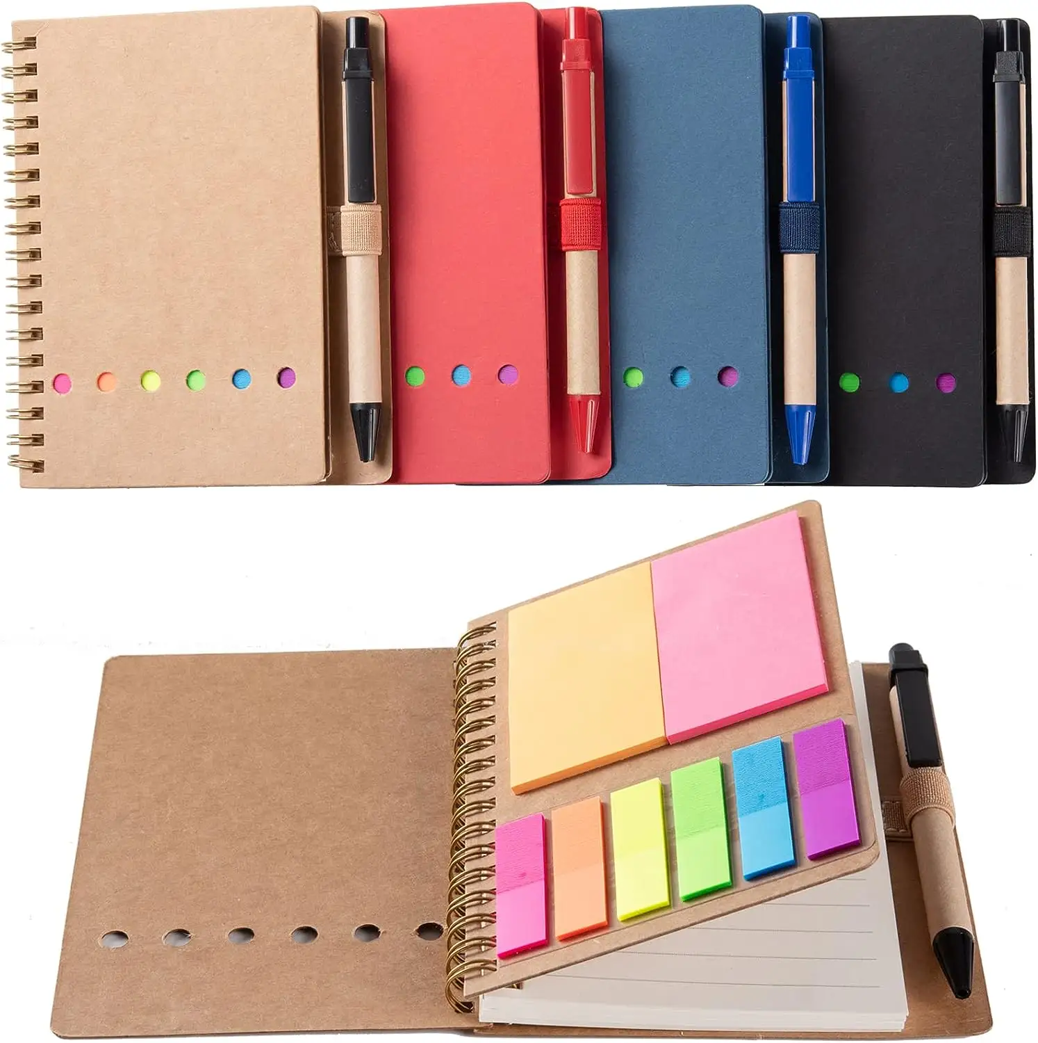 Lined Notepad with Pen in Holder, Sticky Notes, Page Marker Colored Index Tabs Flags, 4.73"x5.9" Kraft Paper Cover Small Pocket