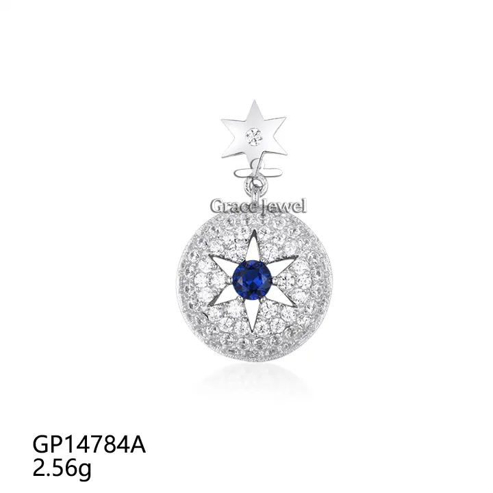 Grace-Schmuck klassischer sechseckiger Sternform großer blauer Edelstein Spinel Damen-Schmuck 925 Sterling-Silber Anhänger Charms