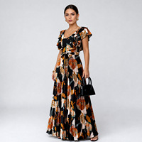 Robe longue plissée à volants et manches courtes en V pour femme, imprimé floral non extensible, style bohème, coupe trapèze, idéale pour les invitées de mariage estivales