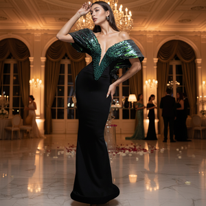 Vestidos de Fiesta Largos de Lujo con Silueta de Sirena y Manga Corta para Madres de Novia, con Patrón de Encaje y Cuentas - Product Image 3