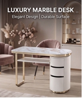 Table de manucure de luxe légère avec plateau en marbre, 3 tiroirs, structure en acier inoxydable couleur or champagne, poste de travail pour salon de manucure