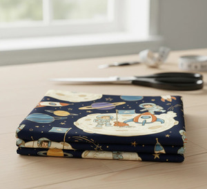 Tissu en coton imprimé sur le thème des astronautes et de l'exploration spatiale, vendu au mètre, matière en coton doux et respirant pour vêtements et couettes. - Product Image 3