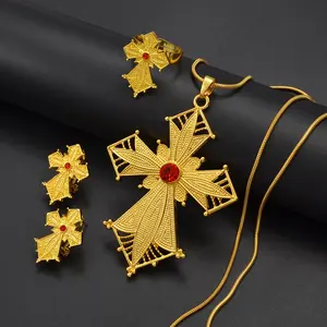 Goudkleur Groot Kruis Hanger Oorbellen Ring Sieraden Sets Afrikaanse Ethiopische Eritrean Habesha Accessoires #173216