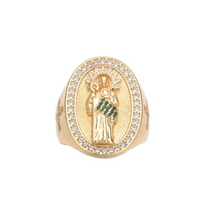 Anello in Ottone Placcato Oro 14K con Madonna, Gioiello Hip Hop Religioso per Uomo e Donna, Design Ovale alla Moda Cattolica - Product Image 1