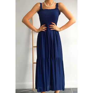 Navy Blue Strappy Layered <b>Dress</b> <b>Elastic</b> Waist Spaghetti Strap Ruffles Breathable Daily Wear Women Casual Long Maxi <b>Dress</b> - Product Image 2