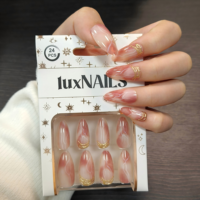 24 pièces Faux Ongles Réutilisables French Press Amande Rose Nude Glacé avec Effet Craquelé Doré et Ligne 3D, Design Tendance, Style Élégant et Luxueux