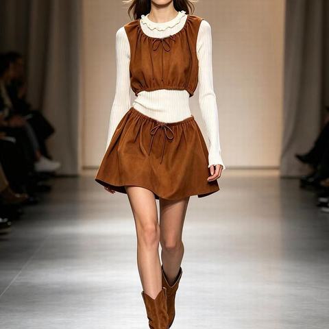 609 Summer Women's Crew Neck Suede Sheepskin Tank Top Solid Gathered Drawstring Casual Cropped Sleeveless Leather Top