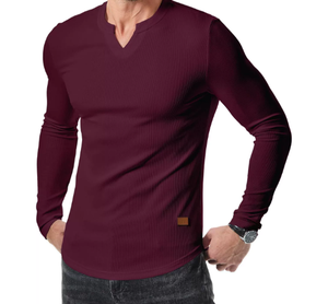 T-shirt à col en V pour homme, couleur unie, décontracté, mode automne-hiver, chemise à manches longues pour homme - Product Image 2