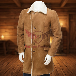 <b>Men's</b> Tan <b>Sheepskin</b> Trench Coat | Classic Single Breasted Design with Wide Notched Lapels | Stylish and Warm Winter Outerwear - Product Image 3