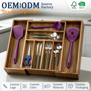 Vassoio Portaposate Espandibile in Legno di Acacia, Organizzatore per Cassetti, <span class=keywords><strong>Porta</strong></span> Utensili da Cucina - Product Image 1