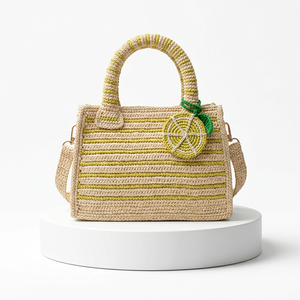 Bolso de Hombro de Rafia para Mujer, Estilo Bohemio a Rayas, con Flores, para Uso Diario de Verano, con Dos Asas y Cierre de Cremallera - Product Image 1