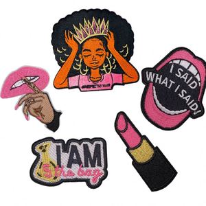 Patchs brodés thermocollants personnalisés de créateur, style Afro Black Girl Pink Style Mouth Lips Heels Ceo, pour vêtements - Product Image 1