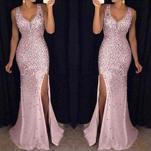 Custom Designer des Bekleidungs herstellers Romantische Abend geburtstags kleider V-Ausschnitt Schlitz Sexy Reife Nacht Pailletten <span class=keywords><strong>Prom</strong></span> Boden länge - Product Image 1