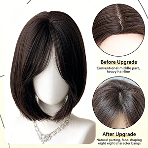 Perruque courte droite pour femme MEISU <span class=keywords><strong>avec</strong></span> <span class=keywords><strong>frange</strong></span> en forme de huit, densité 150 %, bonnet en filet semi-élastique, semi-tressée à la main - Product Image 3