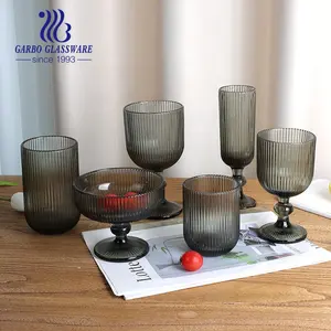 Factory solid colored glass cup elegant engraved vertical stripes goblet wine champagne juice whisky glassware set for dinner