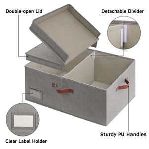 Large Foldable Fabric Clothing Storage <b>Box</b> With Lid PU Handles Label Slot Dark Grey <b>Wardrobe</b> Closet Organizer Bin - Product Image 3