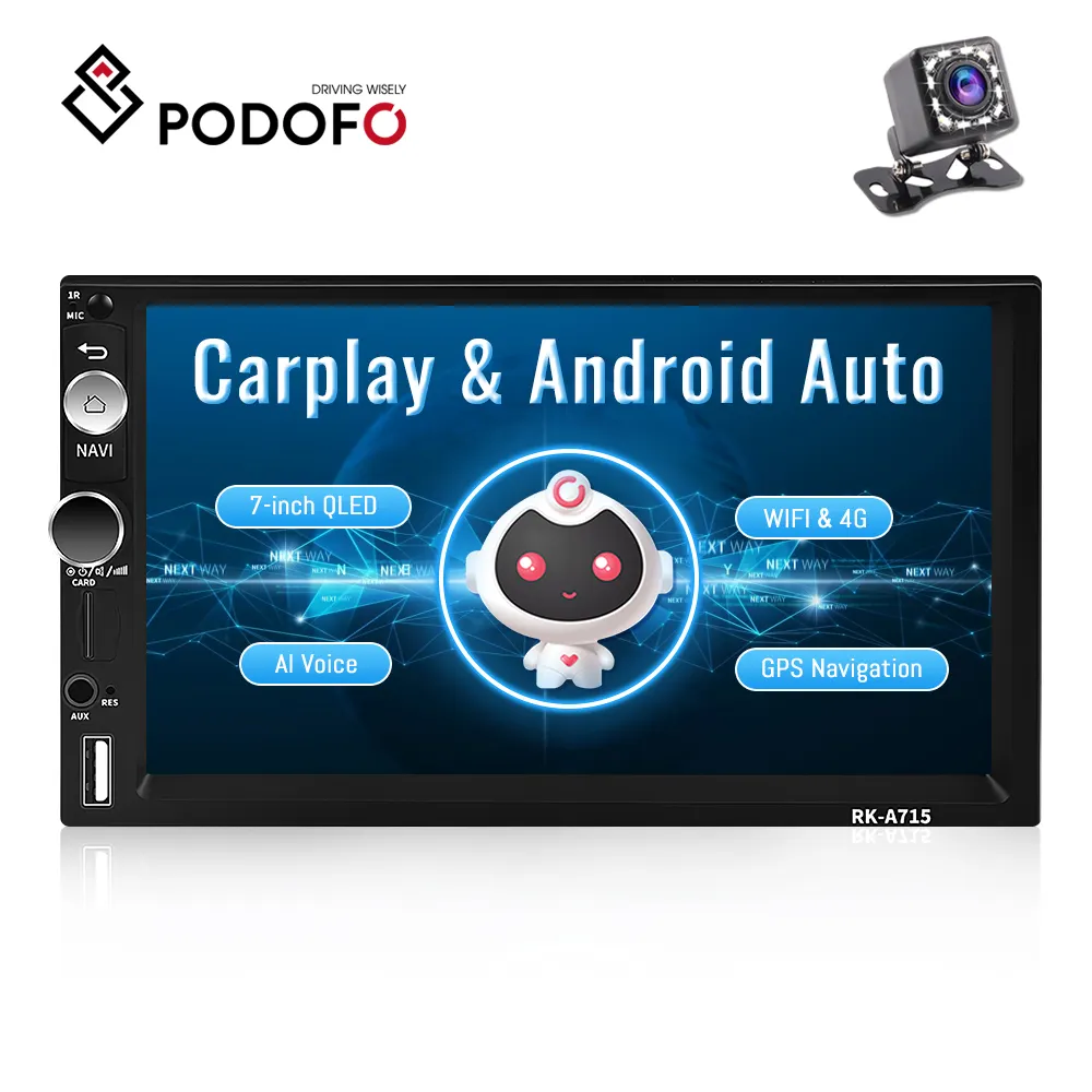 Podofo-autorradio con GPS y cámara para coche, reproductor multimedia con Android 10, 8 núcleos, 128G, pantalla QLED de 7 pulgadas, 2 Din, voz IA, 4G, Wifi, DSP, Carplay, Android Auto + Cámara