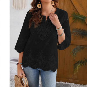 White V-Neck Bohemian Embroidered Blouse Three Quarter <b>Flutter</b> <b>Sleeve</b> Loose Fit Cotton Women's <b>Top</b> Spring Summer Casual Wear - Product Image 4