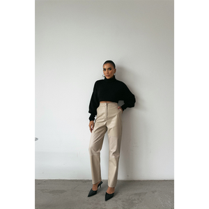 Pantalones de Pierna Ancha de Cuero, Cintura Alta, Color Piedra, Antiarrugas, Tela de PU, Pantalones para Mujer - Product Image 3