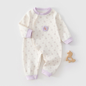 Body de Algodón Puro para Bebé, Manga Larga, Primavera-Otoño, con Estampado de Flores Moradas, Ropa Interior para Gatear - Product Image 1