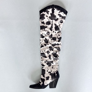 Pointy Toe Cow Print Design High Chunky Heel Boots Loose Leisure Over Knee High Booties Women Patchwork Denim <b>Shoes</b> Mixed Color - Product Image 1