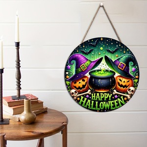 Feliz Halloween: Colgante Redondo de Madera para Puerta con Diseño de Bruja, Caldero, Calabaza y Murciélago, Letrero para Puerta Principal, Decoración de Pared para Fiesta de Halloween, Venta al por Mayor - Product Image 4