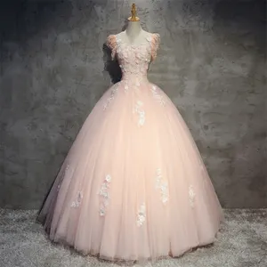 Vestido de fiesta de encaje de flores 3D, rosa claro, manga corta, talla grande, quinceañera