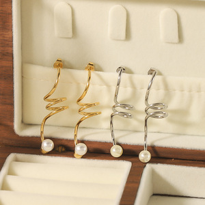 Pendientes de clip con perlas en espiral geométrica, chapados en oro de 18 quilates, de acero inoxidable, para mujer, joyería de moda para fiestas. - Product Image 2