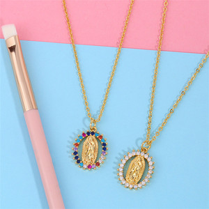 Collana con Pendente Vintage della Vergine Maria in Zirconi Placcato <span class=keywords><strong>Oro</strong></span> per Donna, Catena a Maglie, Stile Religioso Cattolico - Product Image 2
