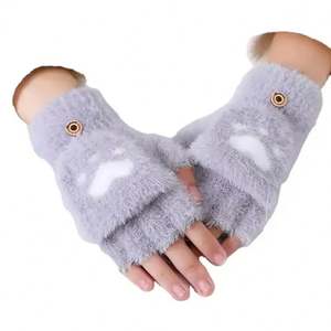 Guantes coreanos de invierno de punto con tapa para medio dedo, cálidos, de felpa, con diseño de pata de gato y oso, acolchados de terciopelo, para uso diario, venta al por mayor, novedad - Product Image 1