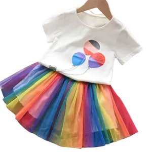キッズ服セット新しいファッション幼児女の子服セットサマーレインボーTシャツトップとスカートセット