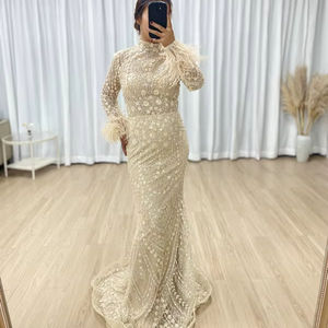 MB40329 مزخرف بتطريز رائع مطرز بالترتر دبي فاخر كوتور فستان أم العروس بأكمام مزينة بالريش - Product Image 1